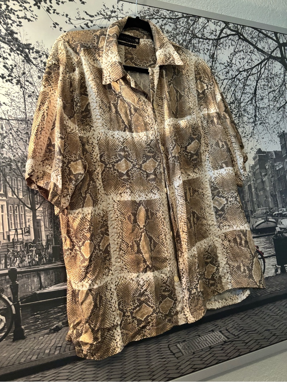 All Saints Brown & Cream Snake-Print Short Sleeve Button-Down Shirt